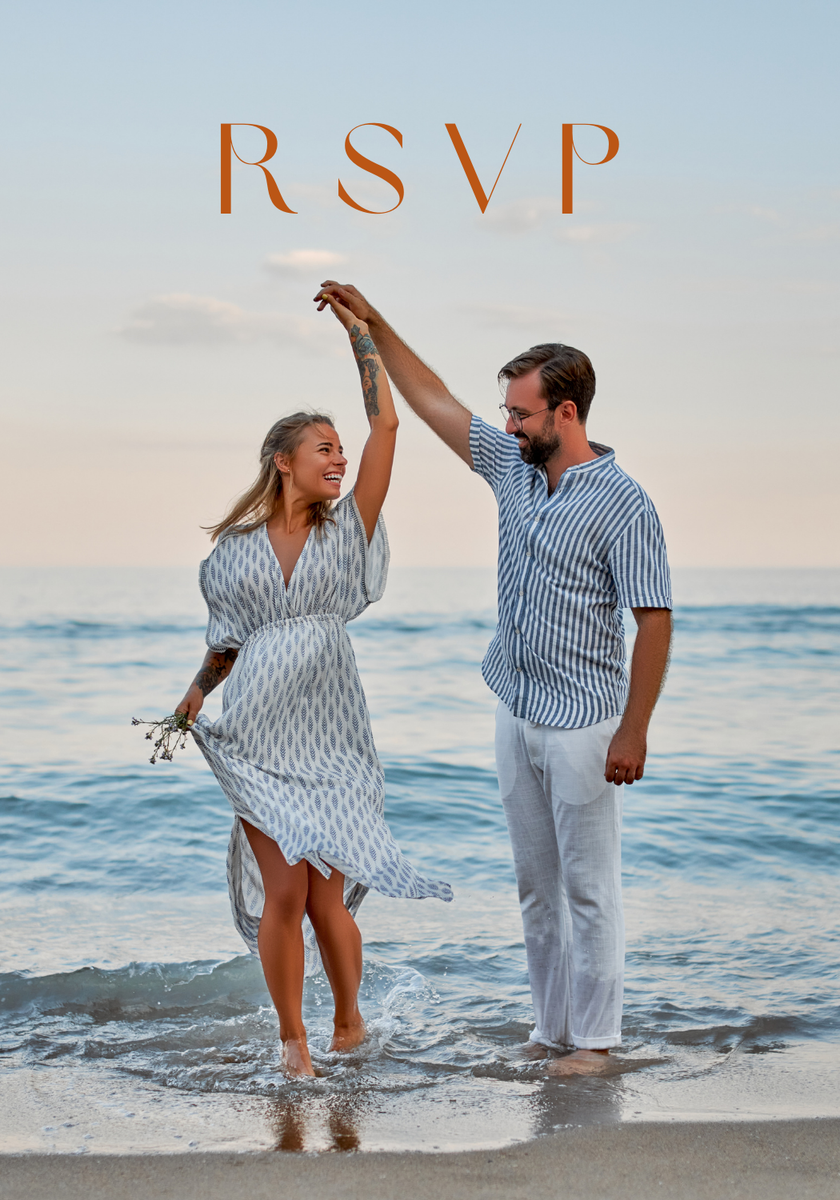 Personalised Sienna QR code RSVP card A6 wedding stationery with terracotta botanical design and custom photo front