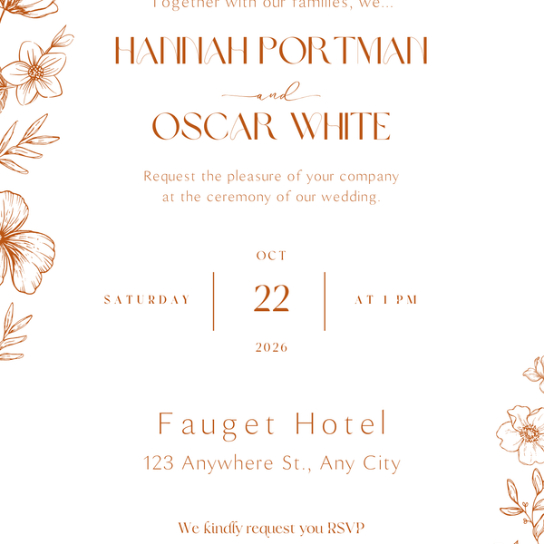 Personalised Sienna Wedding Invitation 5x7 inch wedding stationery with elegant typography and warm-toned floral sketch design