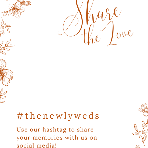 Sienna floral social media hashtag wedding sign with terracotta botanical sketches and elegant boho typography