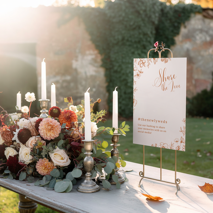 Sienna floral social media hashtag wedding sign with terracotta botanical sketches and elegant boho typography