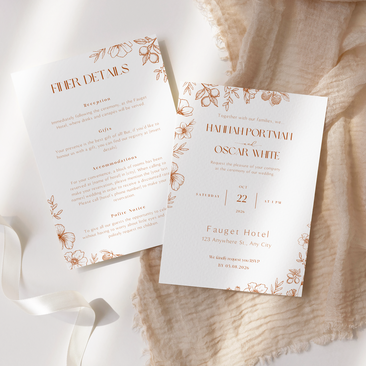 Personalised Sienna Wedding Invitation 5x7 inch wedding stationery with elegant typography and warm-toned floral sketch design