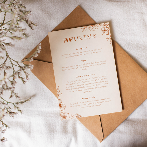 Personalised Sienna Wedding Invitation 5x7 inch wedding stationery with elegant typography and warm-toned floral sketch design