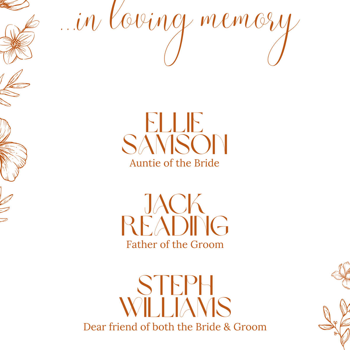 Sienna floral in loving memory wedding table sign with terracotta botanical sketches and elegant boho typography