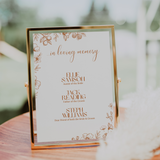 Sienna floral in loving memory wedding table sign with terracotta botanical sketches and elegant boho typography