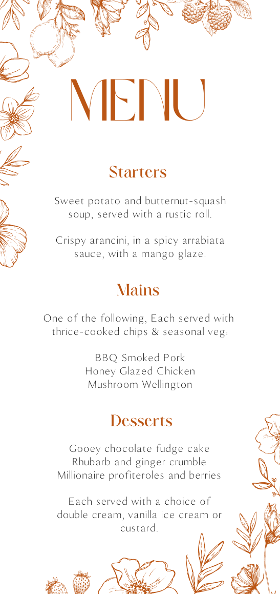 Sienna floral wedding menu card with terracotta botanical sketches and elegant boho typography