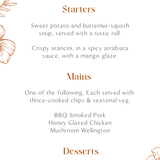 Sienna floral wedding menu card with terracotta botanical sketches and elegant boho typography