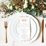 Sienna floral wedding menu card with terracotta botanical sketches and elegant boho typography