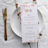 Sienna floral wedding menu card with terracotta botanical sketches and elegant boho typography