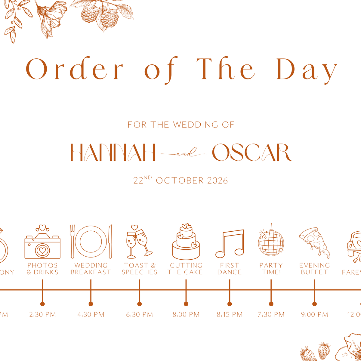 Sienna floral wedding order of the day sign with terracotta botanical sketches and elegant boho typography
