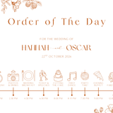 Sienna floral wedding order of the day sign with terracotta botanical sketches and elegant boho typography