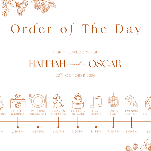 Sienna floral wedding order of the day sign with terracotta botanical sketches and elegant boho typography