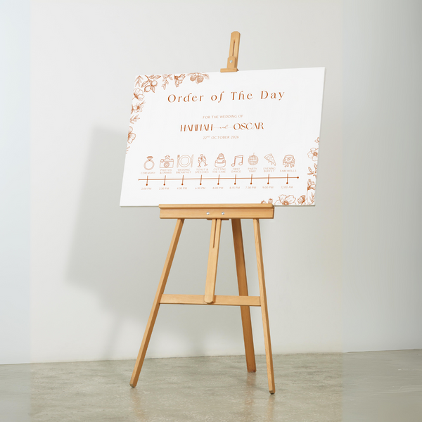 Sienna floral wedding order of the day sign with terracotta botanical sketches and elegant boho typography