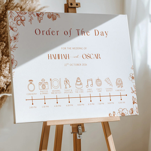 Sienna floral wedding order of the day sign with terracotta botanical sketches and elegant boho typography