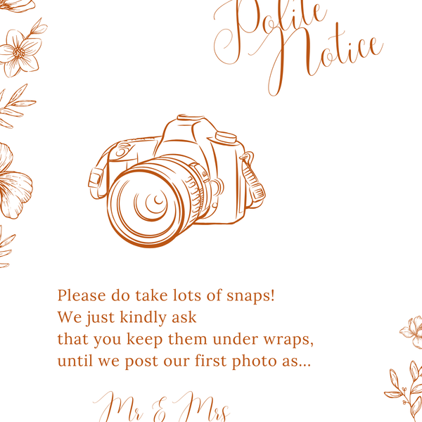 Sienna floral polite notice wedding sign with terracotta botanical sketches and elegant boho typography