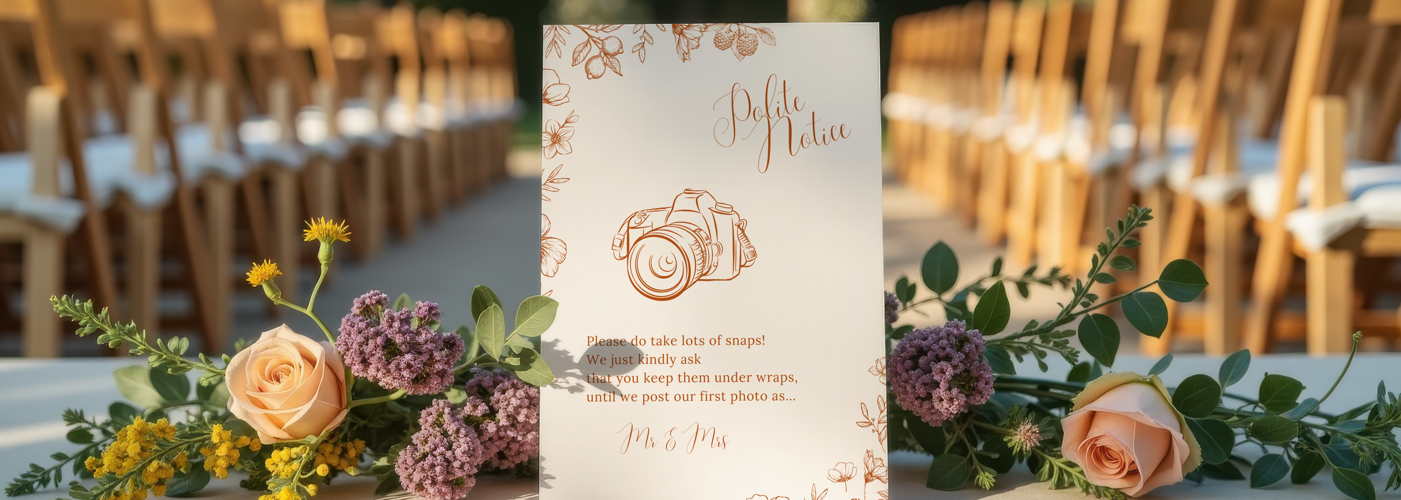 Sienna floral polite notice wedding sign with terracotta botanical sketches and elegant boho typography