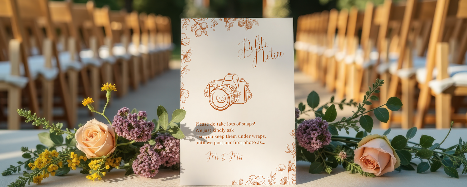 Sienna floral polite notice wedding sign with terracotta botanical sketches and elegant boho typography