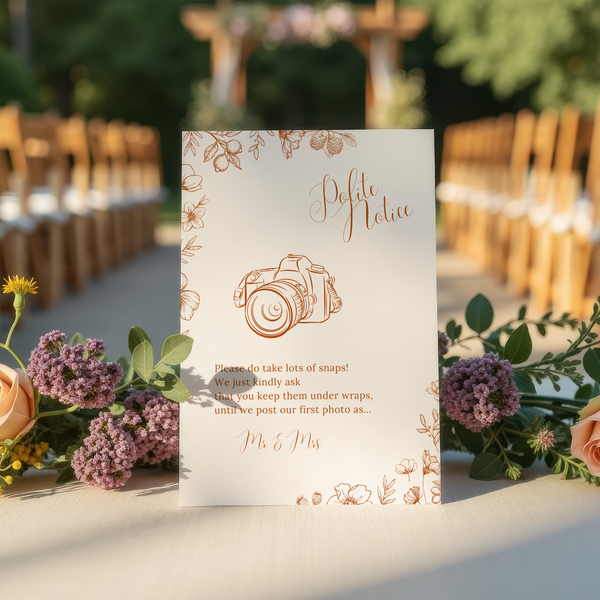 Sienna floral polite notice wedding sign with terracotta botanical sketches and elegant boho typography