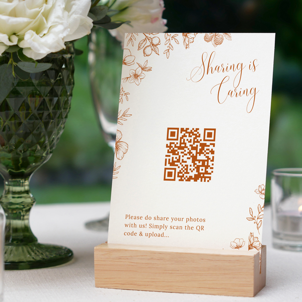 Sienna floral photo sharing QR code wedding sign with terracotta botanical sketches and elegant boho typography