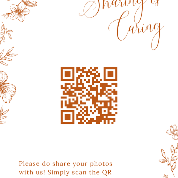 Sienna floral photo sharing QR code wedding sign with terracotta botanical sketches and elegant boho typography