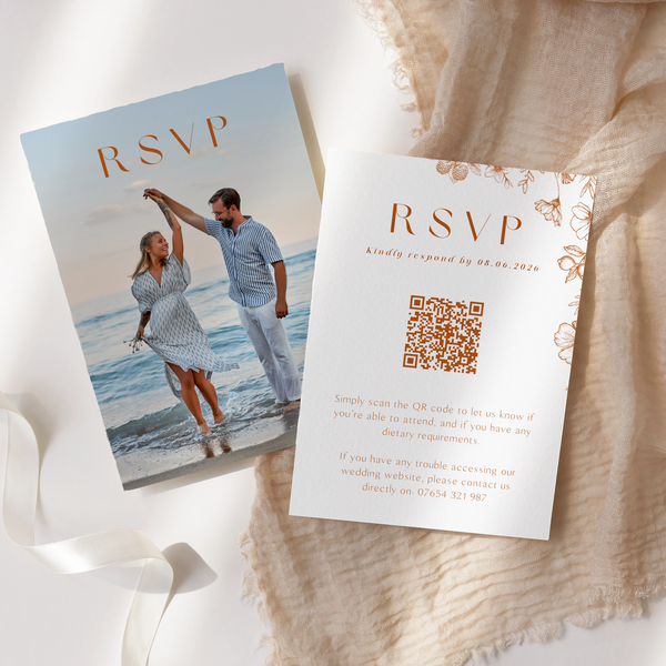 Personalised Sienna QR code RSVP card A6 wedding stationery with terracotta botanical design and custom photo front