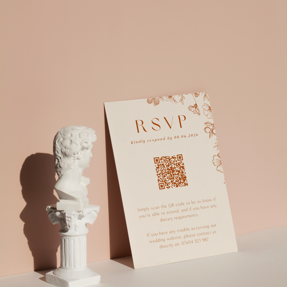 Personalised Sienna QR code RSVP card A6 wedding stationery with terracotta botanical design and custom photo front