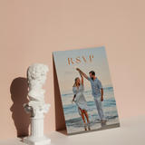 Personalised Sienna QR code RSVP card A6 wedding stationery with terracotta botanical design and custom photo front