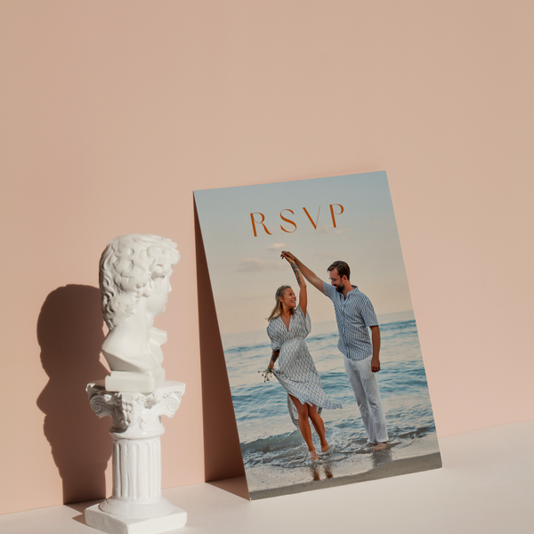 Personalised Sienna QR code RSVP card A6 wedding stationery with terracotta botanical design and custom photo front