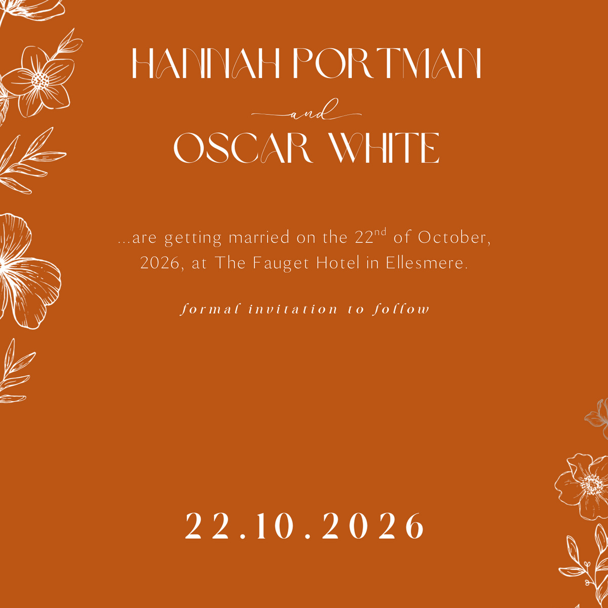 Personalised Toasted Amber Save the Date card 5x7 inch wedding stationery with burnt orange background and white botanical design