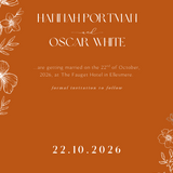 Personalised Toasted Amber Save the Date card 5x7 inch wedding stationery with burnt orange background and white botanical design