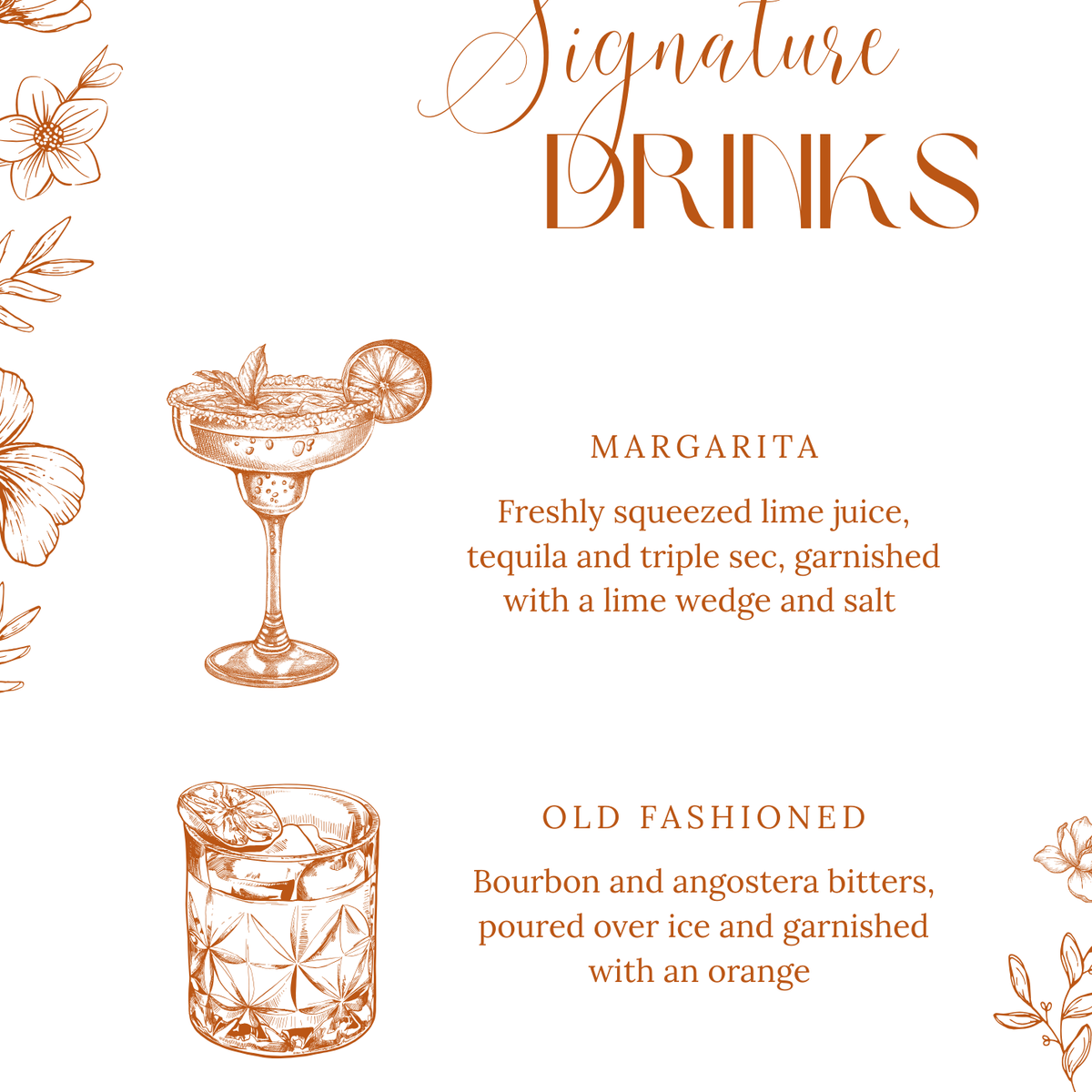 Sienna floral signature drinks wedding sign with terracotta botanical sketches and elegant boho typography