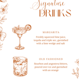 Sienna floral signature drinks wedding sign with terracotta botanical sketches and elegant boho typography