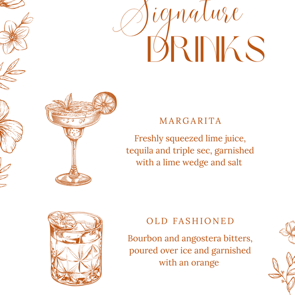 Sienna floral signature drinks wedding sign with terracotta botanical sketches and elegant boho typography