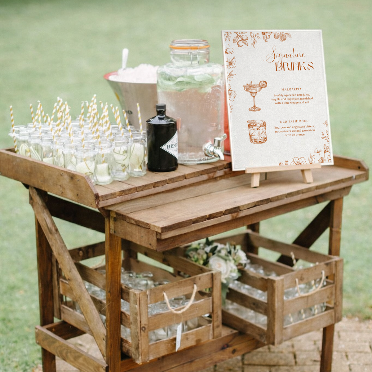 Sienna floral signature drinks wedding sign with terracotta botanical sketches and elegant boho typography