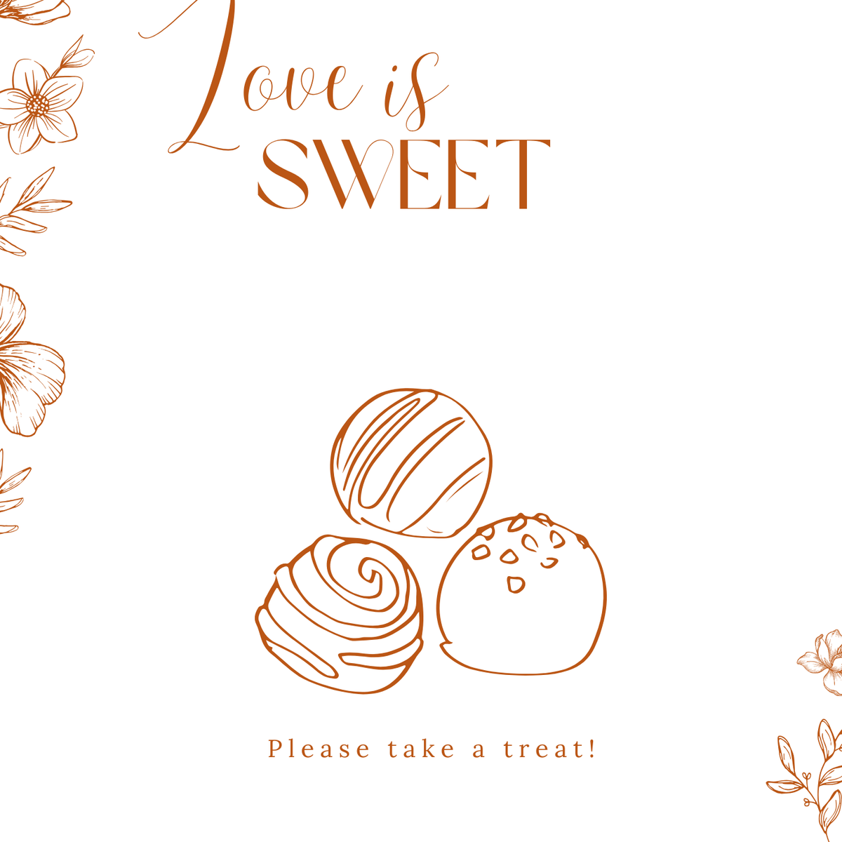 Sienna floral sweet table wedding sign with terracotta botanical sketches and elegant boho typography