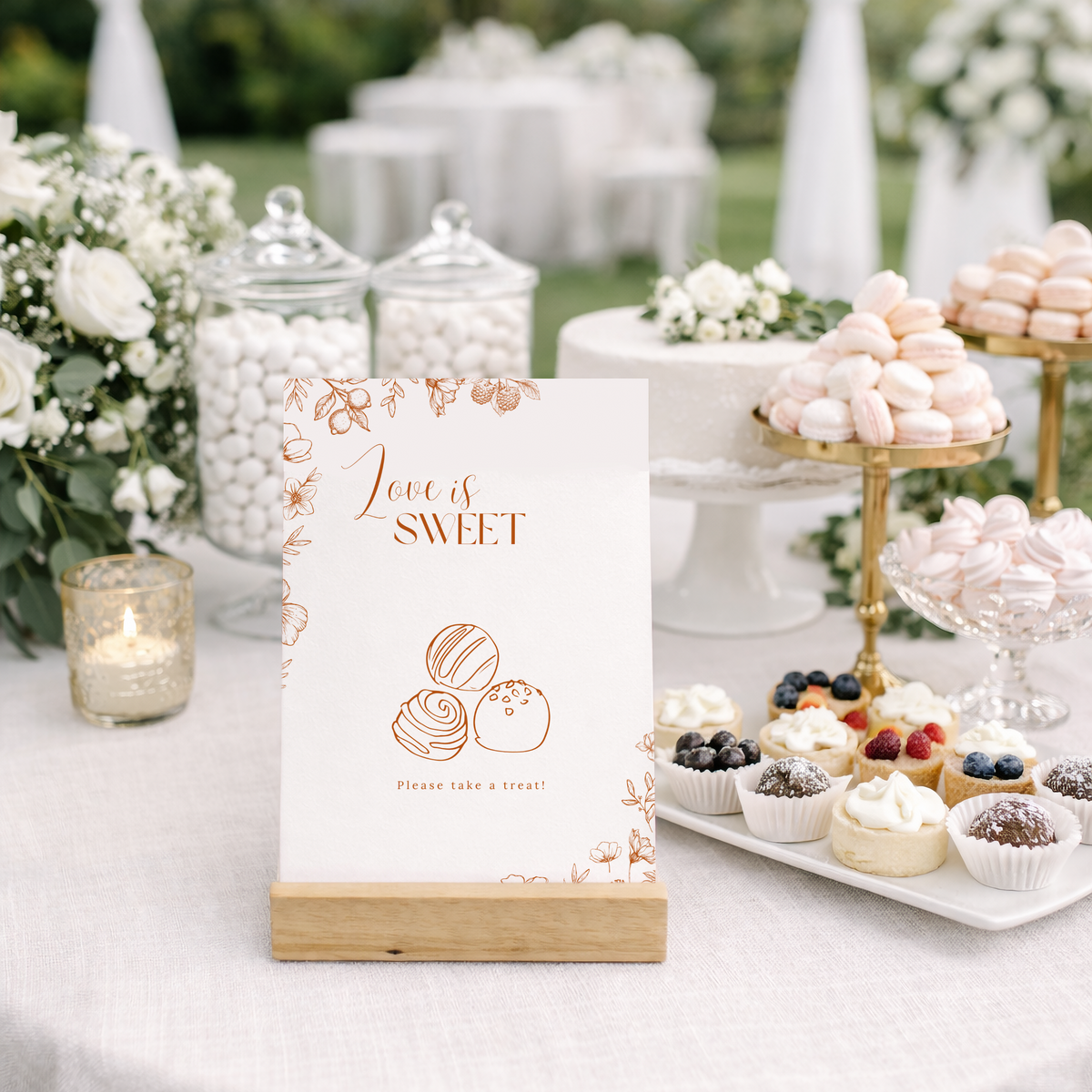 Sienna floral sweet table wedding sign with terracotta botanical sketches and elegant boho typography