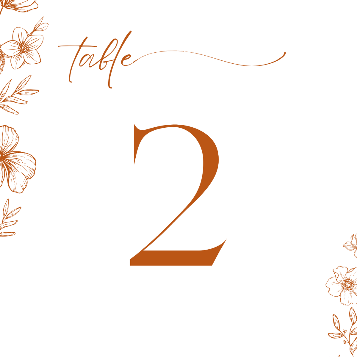 Sienna floral wedding table number card with terracotta botanical sketches and elegant boho typography
