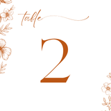 Sienna floral wedding table number card with terracotta botanical sketches and elegant boho typography