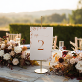 Sienna floral wedding table number card with terracotta botanical sketches and elegant boho typography