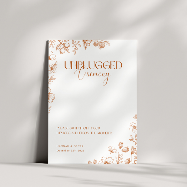 Sienna floral unplugged ceremony wedding sign with terracotta botanical sketches and elegant boho typography