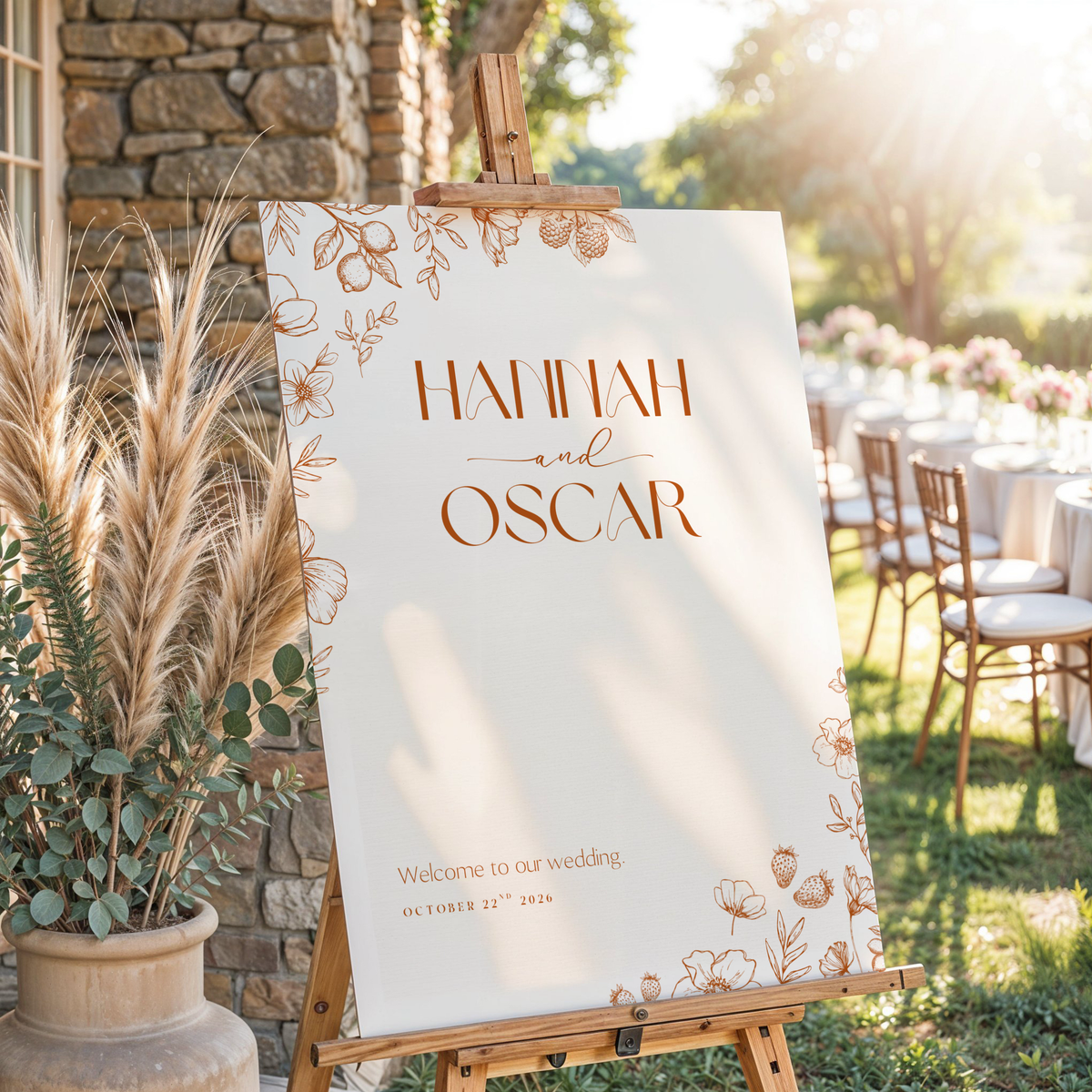 Sienna floral wedding welcome sign with terracotta botanical sketches and elegant boho typography