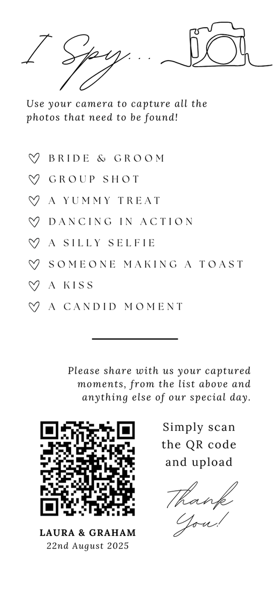 I Spy wedding table photo game - I spy wedding sign table game - photo challenge for wedding guests with QR code upload.
