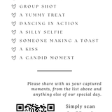 I Spy wedding table photo game - I spy wedding sign table game - photo challenge for wedding guests with QR code upload.