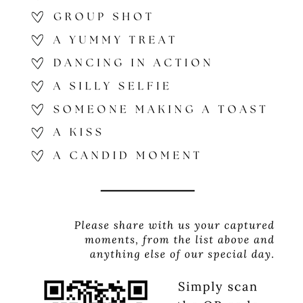 I Spy wedding table photo game - I spy wedding sign table game - photo challenge for wedding guests with QR code upload.