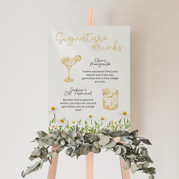 Daisy Floral signature drinks sign for wedding - personalised signature cocktails wedding sign