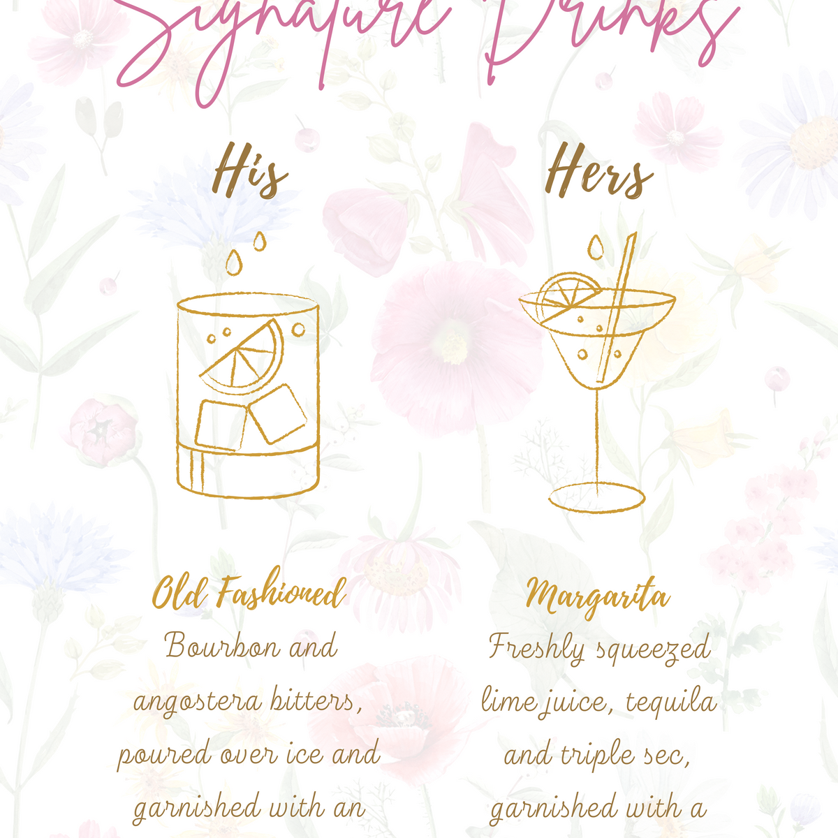 garden party wedding signature drinks sign - custom signature drinks personalised