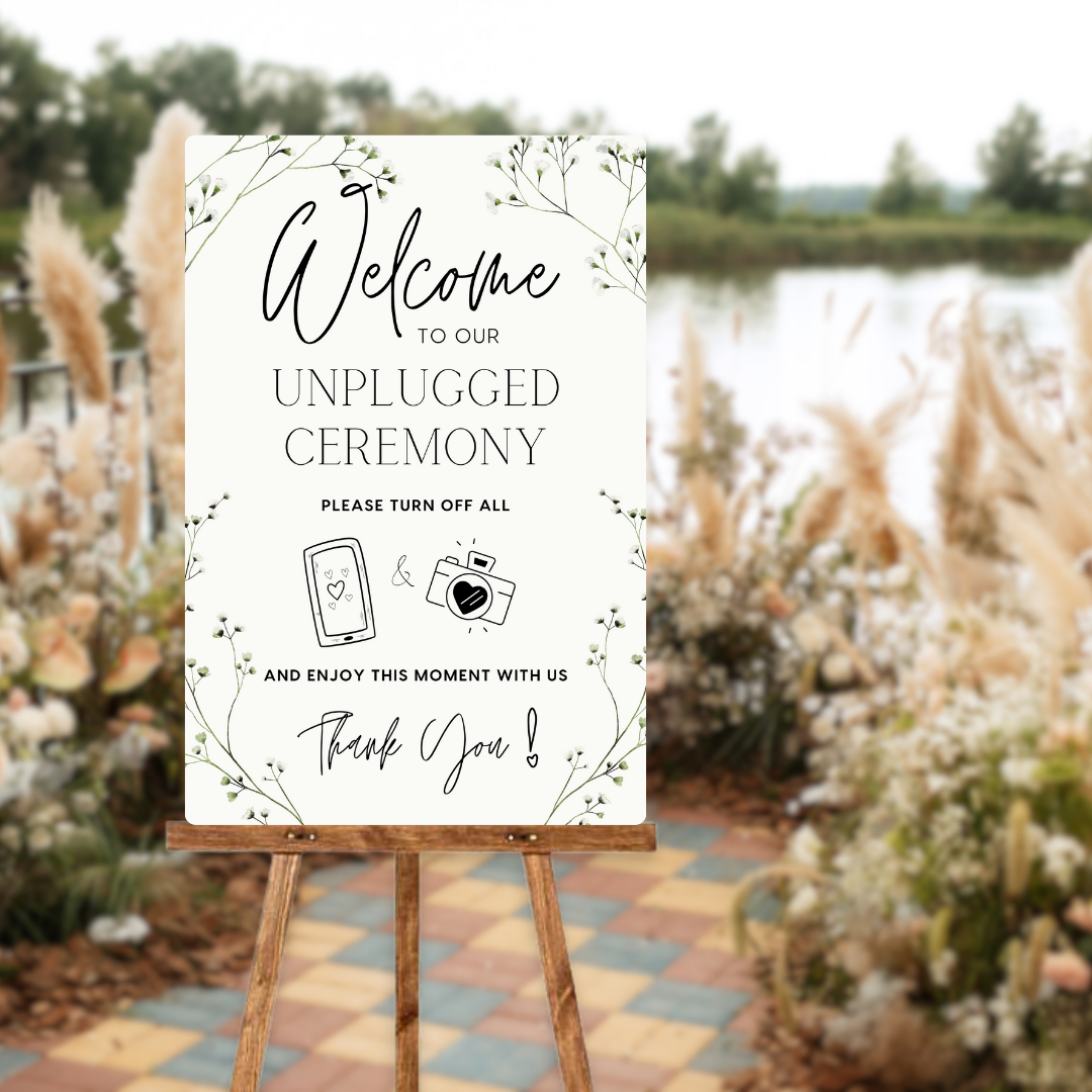 baby's breath floral unplugged ceremony sign - affordable personalised wedding signs