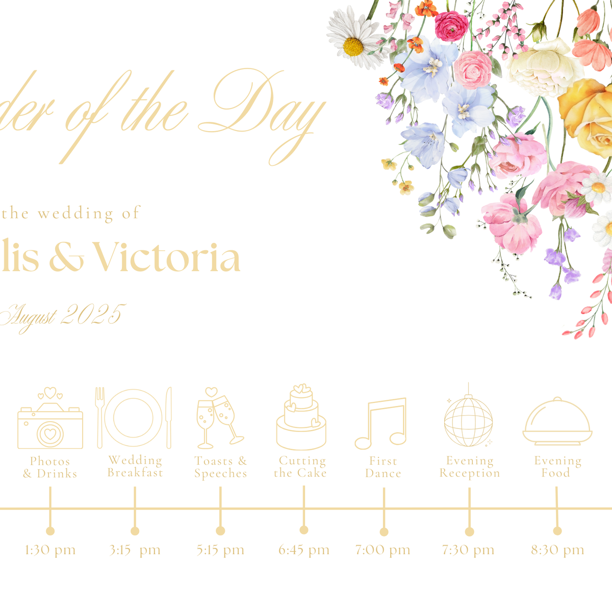 Order of the day wedding sign personalised - Summer Collection features beautiful wedding stationery and signage with gentle summer colours, vibrant florals, and soft butter yellow text – perfect for adding a fresh, romantic feel to your special day.