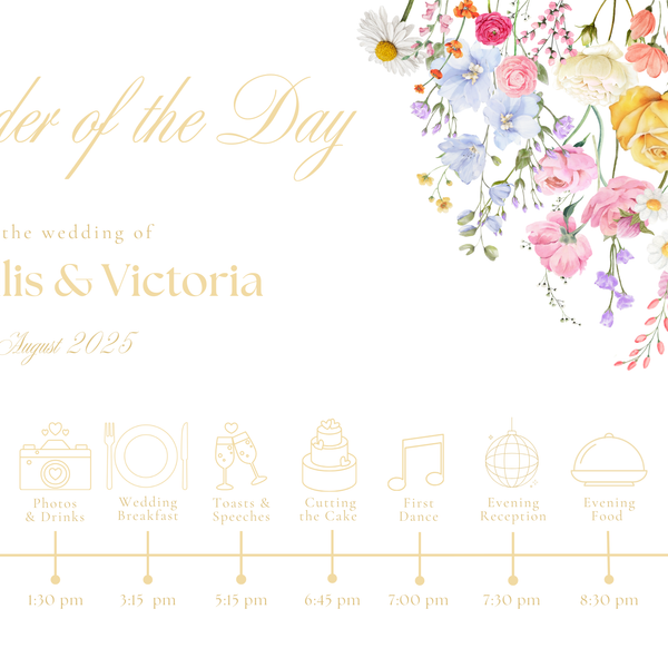Order of the day wedding sign personalised - Summer Collection features beautiful wedding stationery and signage with gentle summer colours, vibrant florals, and soft butter yellow text – perfect for adding a fresh, romantic feel to your special day.