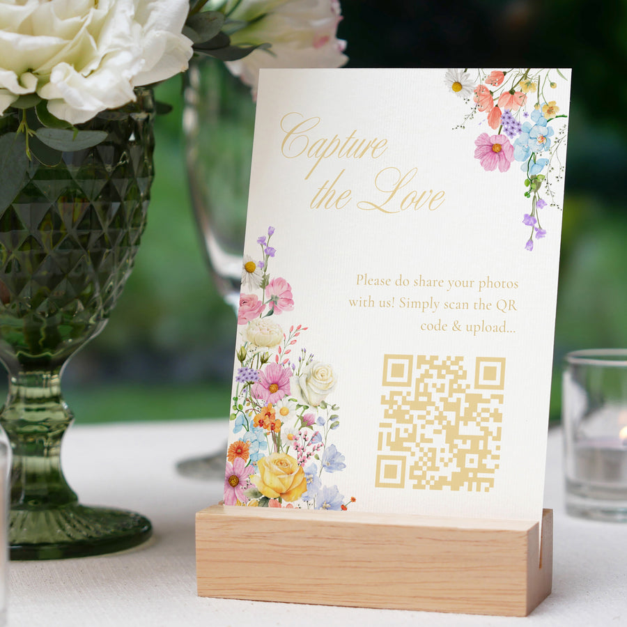 Photo Sharing QR Code Wedding Sign - Summer Collection features beautiful wedding stationery and signage with gentle summer colours, vibrant florals, and soft butter yellow text – perfect for adding a fresh, romantic feel to your special day.