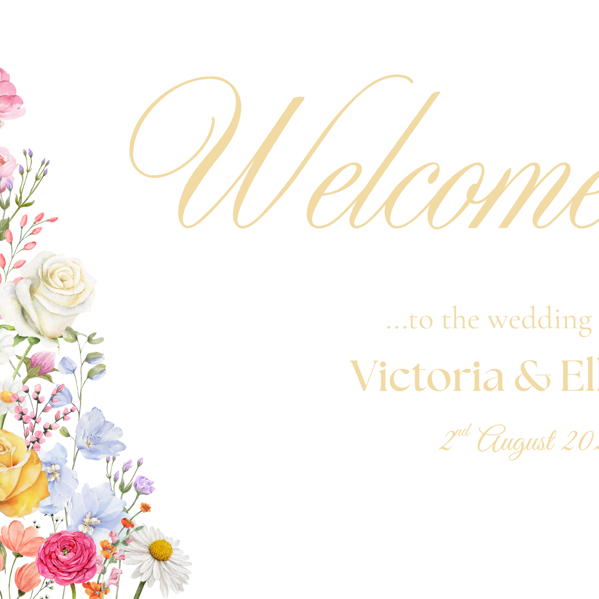 Landscape Summer Wedding Welcome Sign - Our Summer Collection features beautiful wedding stationery and signage with gentle summer colours, vibrant florals, and soft butter yellow text – perfect for adding a fresh, romantic feel to your special day.

